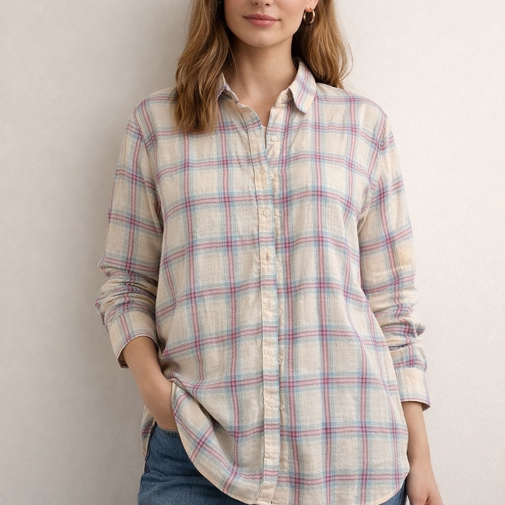 LA MIEL Cream Plaid Button-Down Shirt